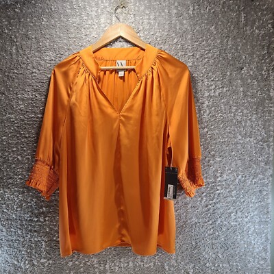 Worthington Women's Top Size Large Orange Satin V Neck Blouse