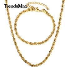 3/5MM Gold Stainless Steel Rope Chain Necklace Bracelet Unisex Jewelry Set 7-30"