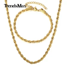 3/5MM Gold Stainless Steel Rope Chain Necklace Bracelet Unisex Jewelry Set 7-30"