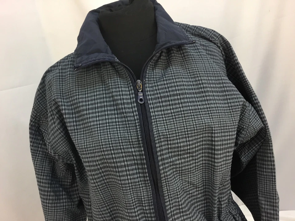 Jaqueta Columbia média xadrez azul náilon poli comprimento da coxa forrada em excelente estado usado YGI RE2159 - Imagem 3 de 4