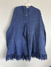Vintage Hand Knit Wool/Cotton Periwinkle Cape Tassle Poncho Cottage Nordic Boho