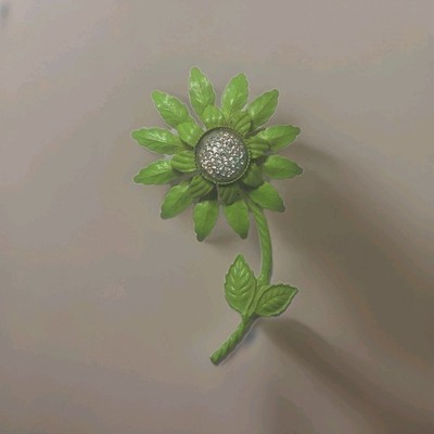 Vintage Lime Green Enamel Flower Pin Brooch with Clear Glass Center