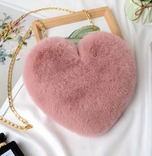 Heart Shaped Fluffy Faux Fur Purse Pink