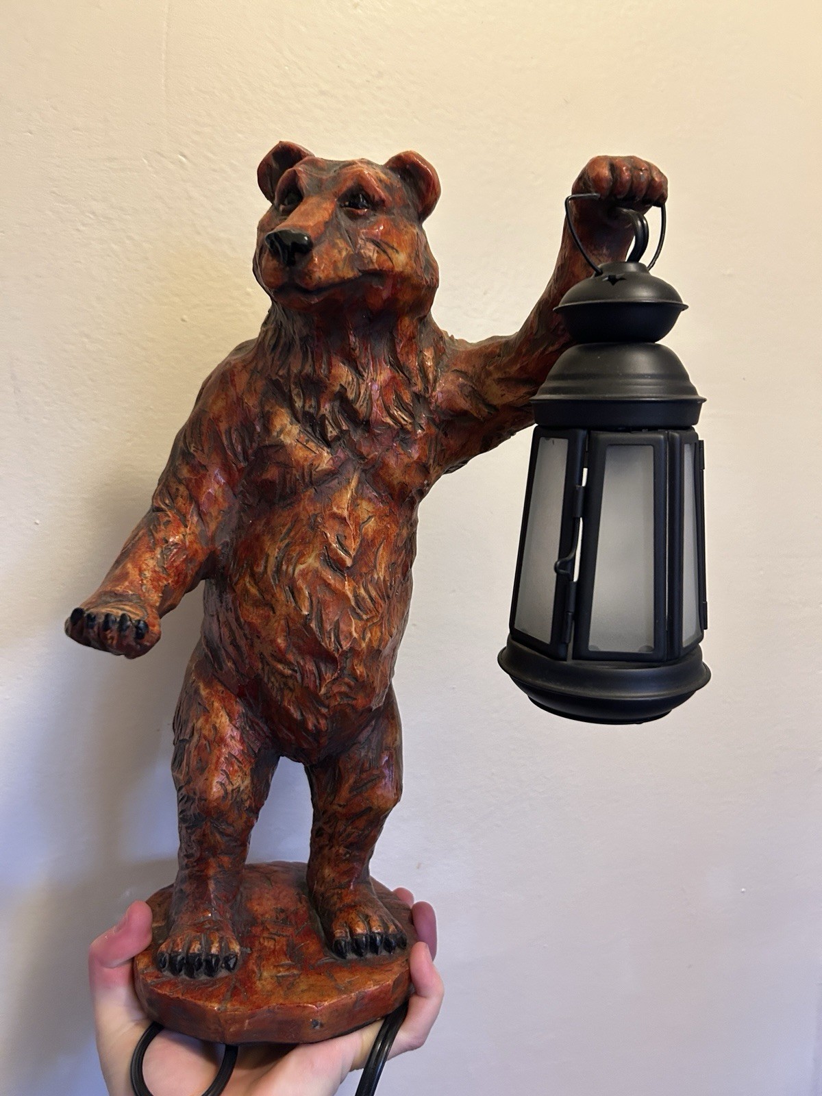 VTG Black Forest Bear Lamp Holding Lantern Hand Painted Resin Cabin
