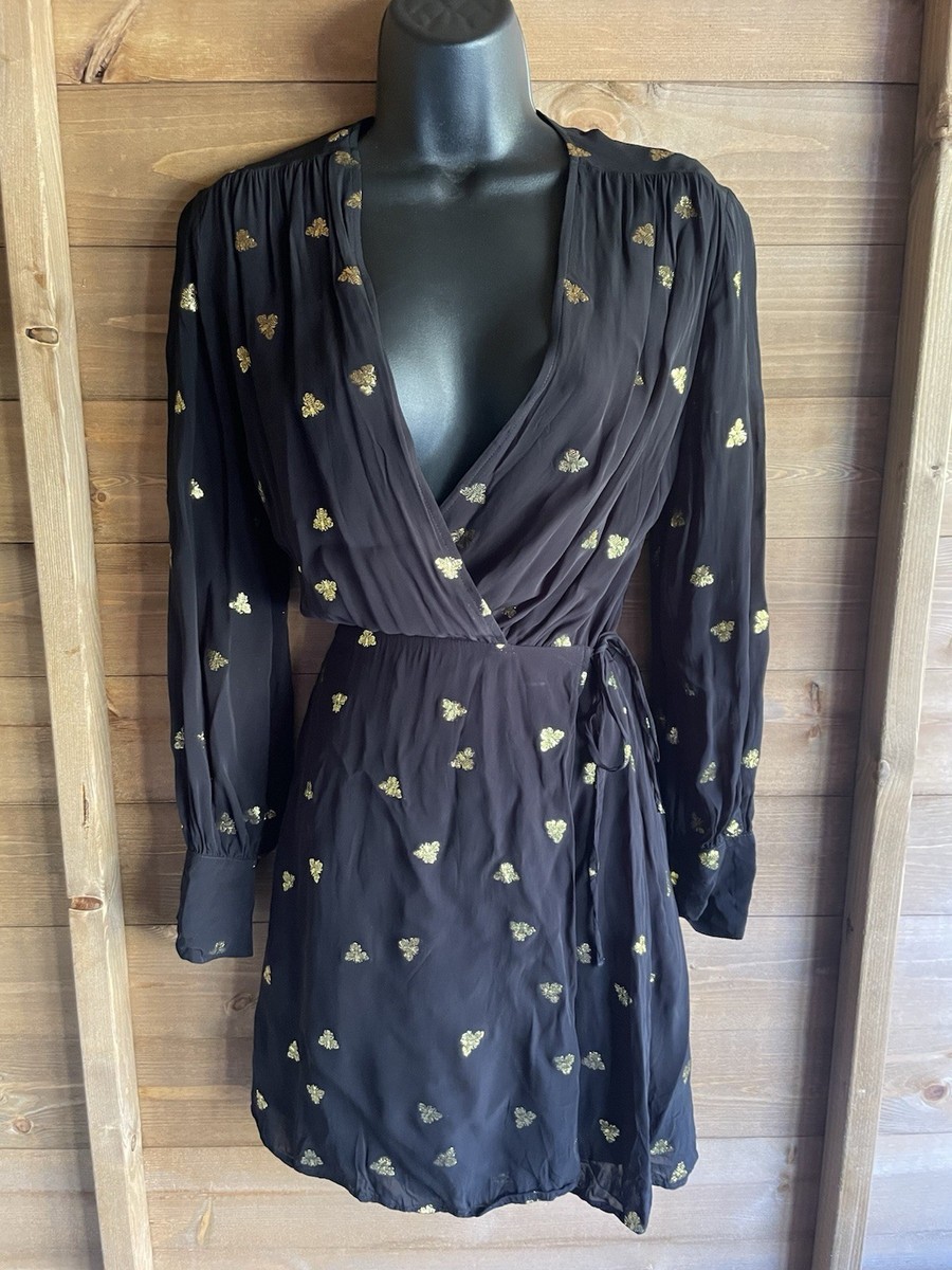 black dress with gold bees Black Bee Print 3/4 Sleeve Rounded Neck Dress by Eva Rose Modern Millie