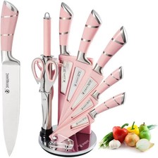 9 PCs Kitchen Knife Set w/Block Sharpener Stainless Steel Chef Knives Non-Stick