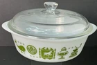 Vintage Sears Glasbake 2qt Casserole Baking Dish White Green Whale Horse w/Lid