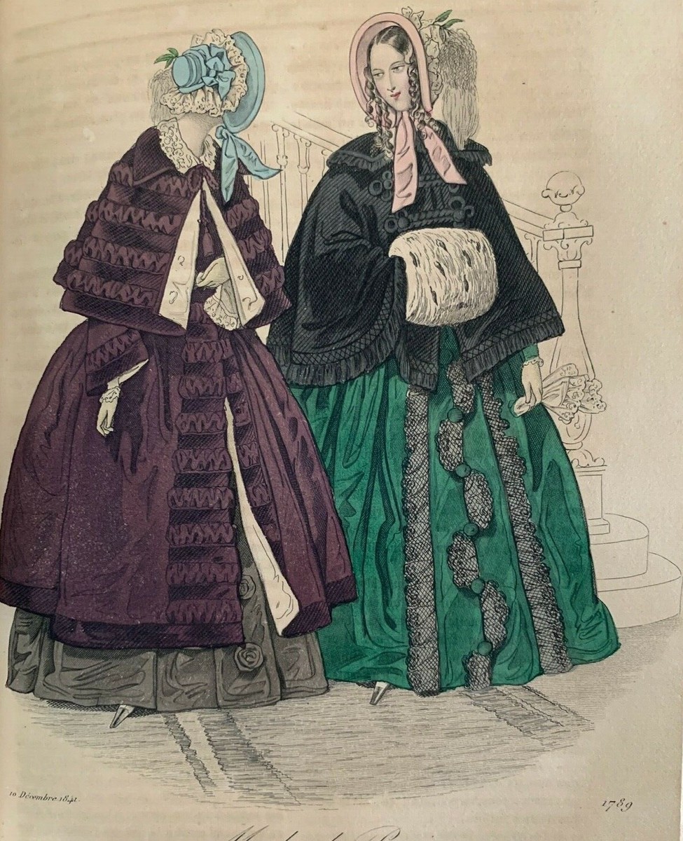 French Antique 1841 Hand coloured engraving Modes de Paris