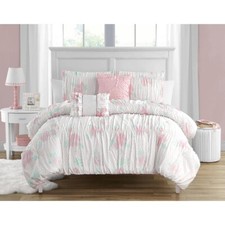 Pink White Green Ruched Floral Polka Dots 5 pc Comforter Set Twin Full Bedding