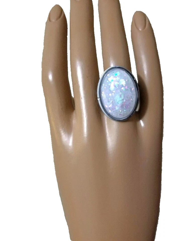 Кольцо с белым опалом - кольцо с огненным опалом из смолы 18 x 25 мм с двойной лентой из нержавеющей стали - Изображение 4 из 4