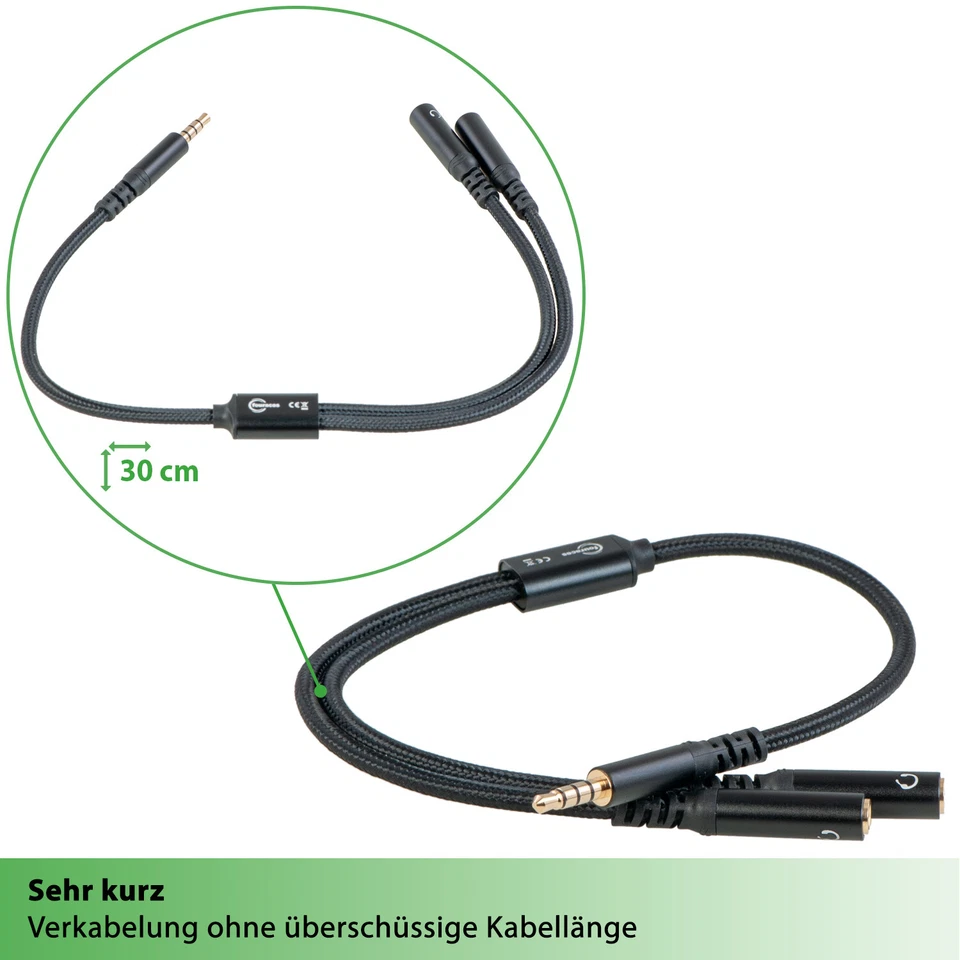 fouraces AUX Splitter, kurz, 30cm, 4-polig, für Headset, Kopfhörer, PC, Handy - Bild 2 von 4