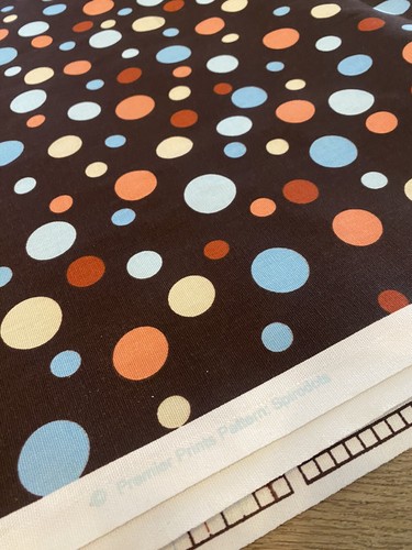 BIG Polka DOTS Canvas UPHOLSTERY FABRIC 56"W Blue Peach White on BROWN 3 YARDS - Picture 7 of 10