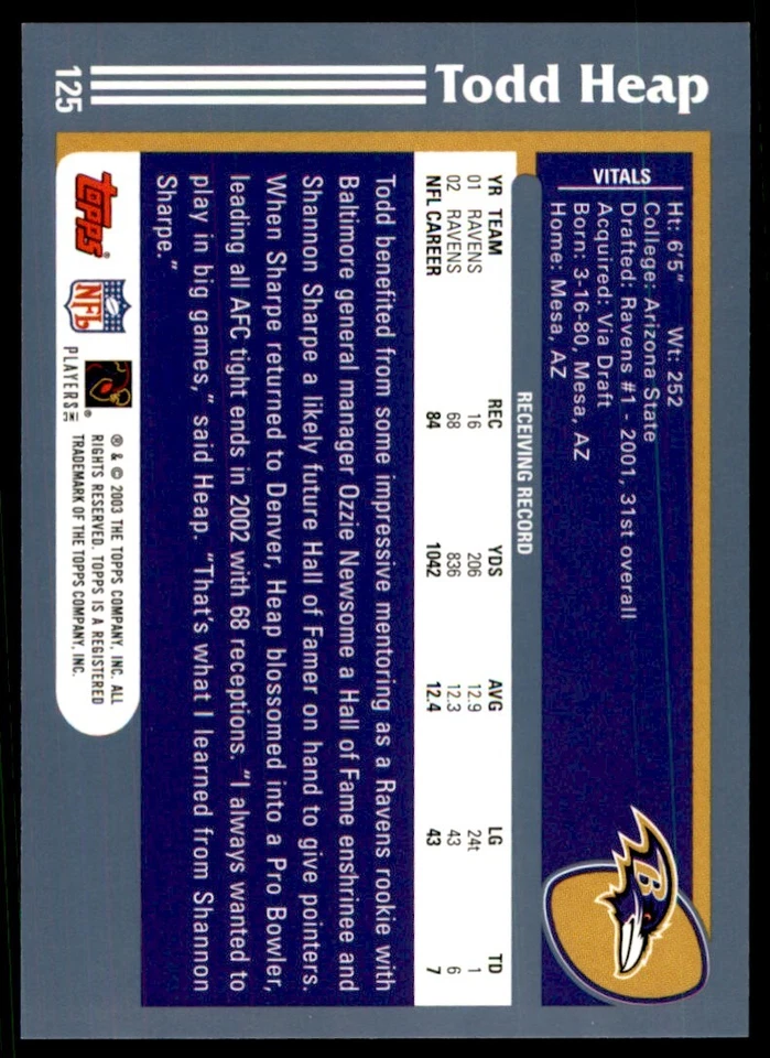 2003 TOPPS TODD HEAP BALTIMORE RAVENS #125 - Image 2 of 2