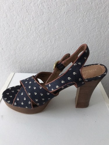Fossil Womens 8.5 Blue & White Ladybug Open Toe Canvas Heel Strappy Shoe - New - Picture 7 of 12