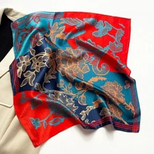 100% Silk Scarf Women Vintage Blue Red Kerchief Flower Small Square Wrap 53*53cm