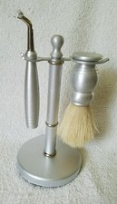 Shaving Brush Razor and Stand Brushed Chrome Natural Bristle Brush
