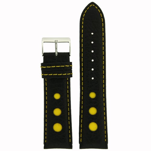 Watch Band Mens Leather Black Rally Race Sport Strap Red Yellow Blue 18mm -22mm - Picture 2 of 10
