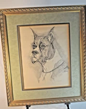 Boxer Portrait Sketch by Lynda Walters 1974 Matted Framed Under Glass Signed