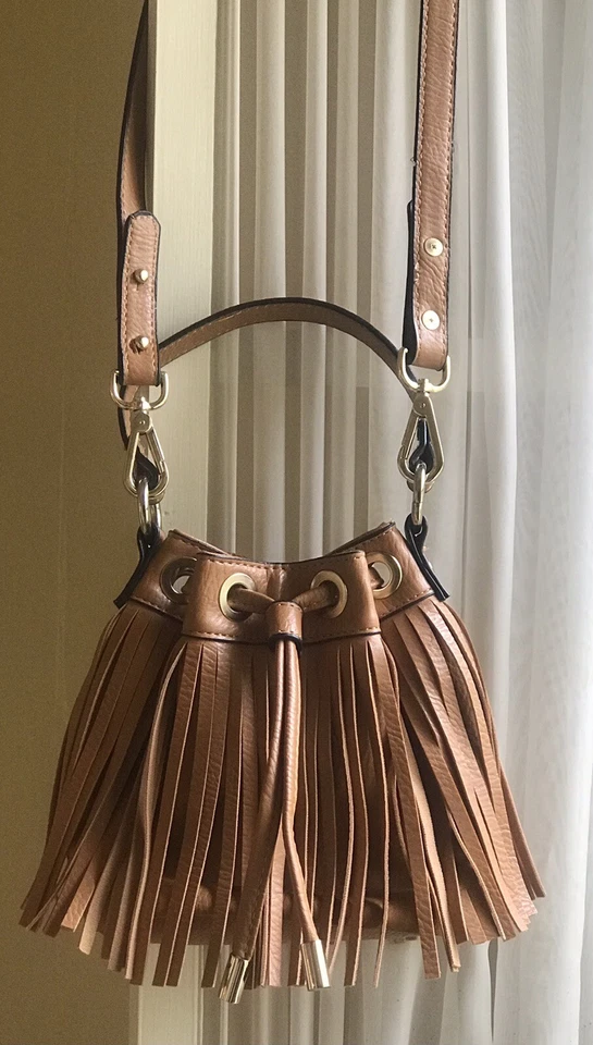 SONDRA ROBERTS SQUARED Purse Fringe Tan Faux Leather Crossbody Shoulder/Handbag - Image 3 of 4