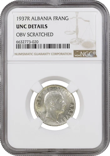 Albania 1 frang ar 1937, NGC UNC Det. Scratched, "King Zog I (1928 - 1939)"