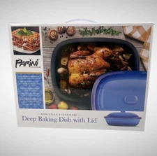Parini Cookware Non-stick Stoneware Deep Baking Dish with Lid Blue