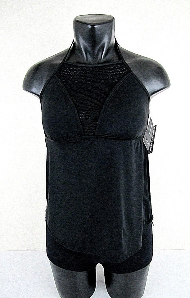 a.n.a Mediano Negro Tankini Boyshort 2 piezas Traje de Baño Cuello Alto Ojales ana Nuevo Foto 3 de 4