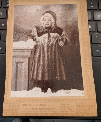 1900's Rare Cabinet Card Photo!-Child in Photographer Snow Scene-Whitehall Wisc
