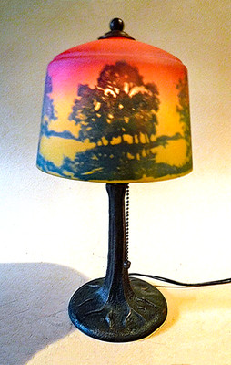 Antique Arts & Crafts Tree Trunk Boudoir Accent Lamp Reverse Painted Shade, 1910