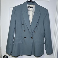 Zara Blazer Women's Medium Blue Double Breasted Gold Button Lined Jacket Career