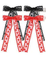 4 PCS Black Red Lace Bow Clip with Long Tails Big Tassel Ribbon Bowknot