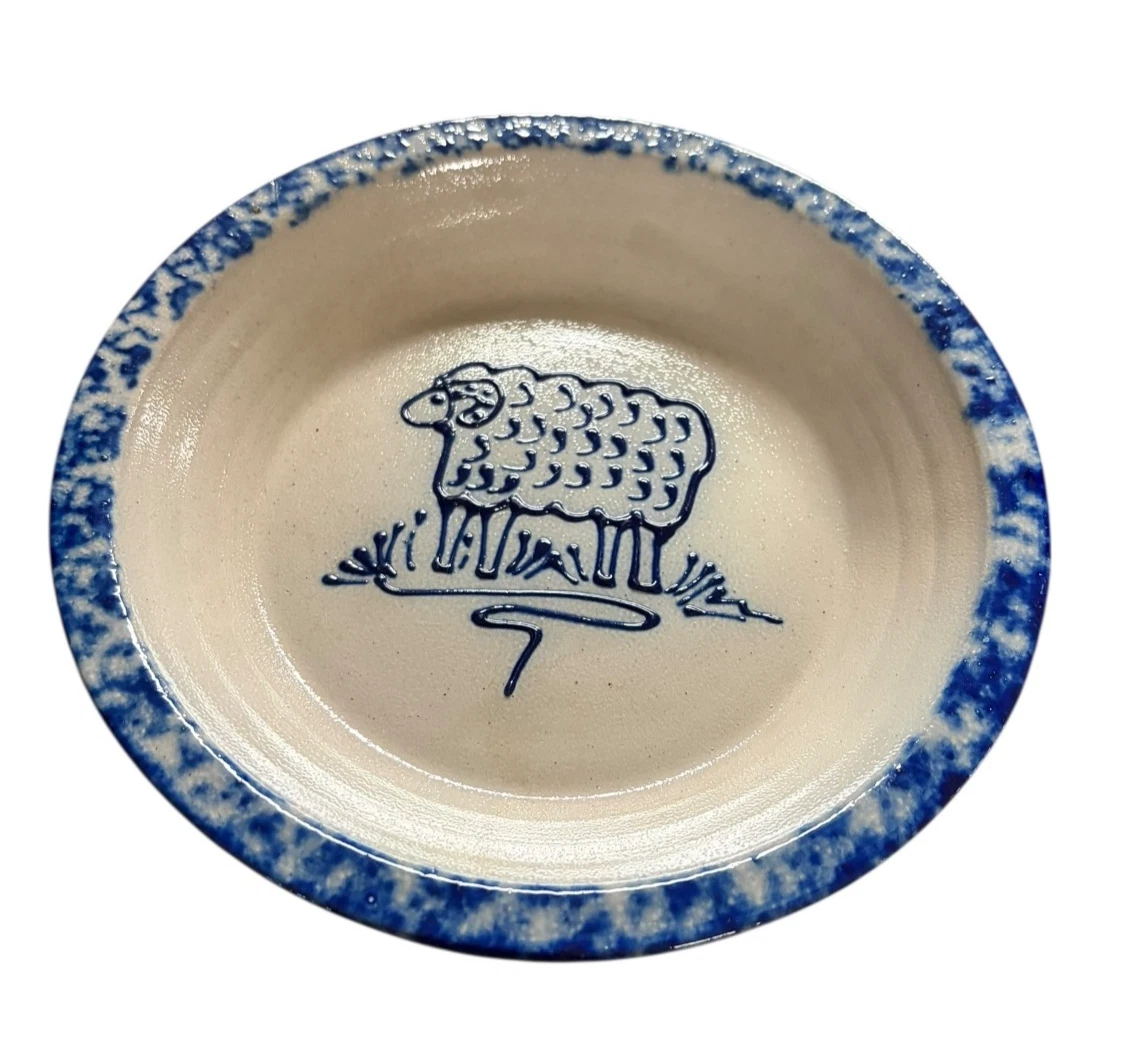 Vintage Eldreth Pottery Cobalt Blue Stoneware Pie Plate Lamb Sheep Signed 1992