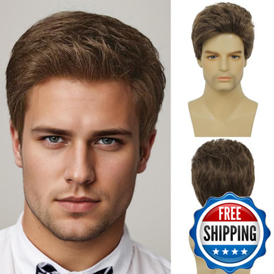 Swiking Mens Short Brown Wig Layered Synthetic Reality Hair 80S Costume Wigs