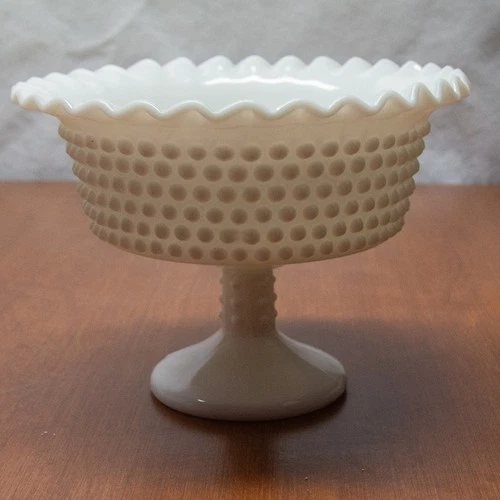Old Vintage White Decorative Dish Milk Glass Hobnail Compote Dip Bowl