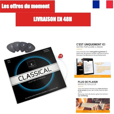 MORIATY Cordes en nylon pour guitare classique + 4 plectres + Guide - Photo 1/4