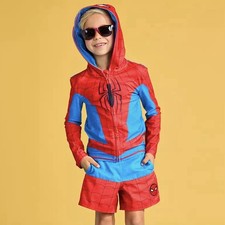 Disney Store Marvel Hooded Spider-Man Rash Guard Swim Shorts Suit Set Sz 7/8