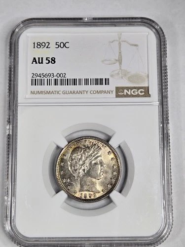 1892 Barber Silver Quarter AU58 NGC LABEL ERROR shows 50c