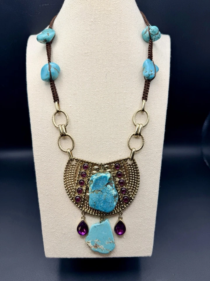 Genuine Turquoise Nugget Earring And Nexklace Set, Purple Cabochon Accents - Image 2 of 4