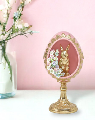 Decorated Pink Egg on Pedestal, 8'' T, Gold Bunny, Flowers, Dec Diamonds, NWT