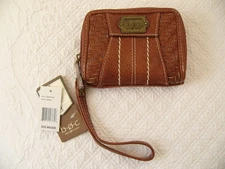 BORN  BOC  NWT LEATHER SADDLE WALLET WHISKEY BASKETWEAVE  ZIPAROUND WRISTLET !! 