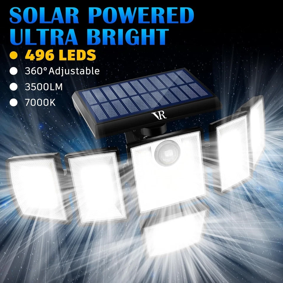 2 Pack Solar Security Light Outdoor 6 head 7000K 3000LM LED Motion Sensor IP65 - Image 2 of 4