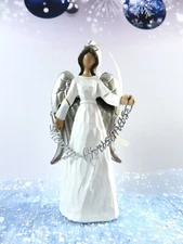 Resin Angel Ornament Holding Merry Christmas Garland Metal Wings Hangs Or Stands