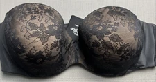 Curvy Couture 1211 Strapless Underwire Push-Up Bra Sz 42D Black Lace 