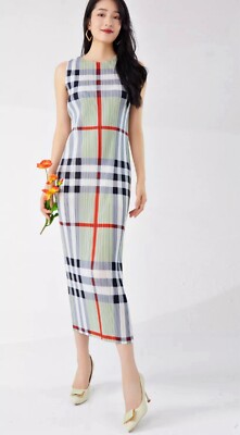 **LIKE**Issey Miyake Pleats Please Fabric Sculpted Nova Check Pattern Long Dress