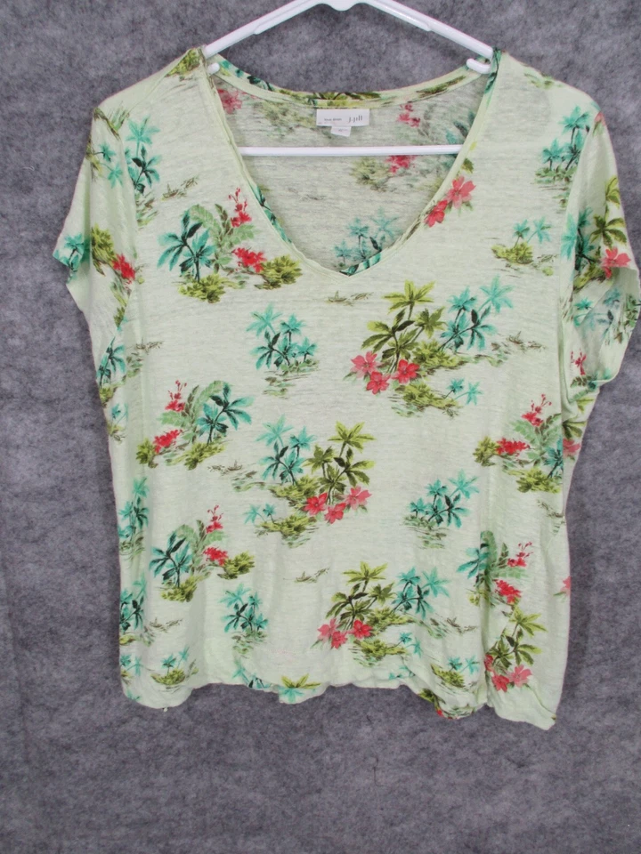 J. Jill 女式衬衫绿色 XL Love 亚麻热带花卉弹力 V 领 — 第 3/4 张图片