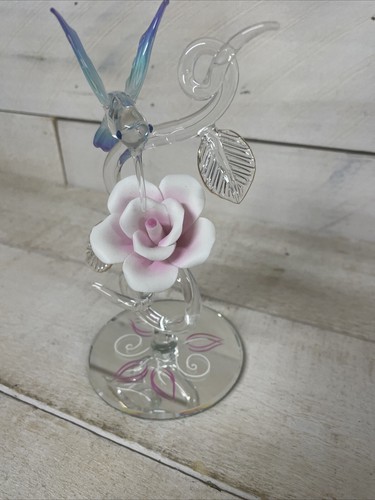 Baron Hummingbird and Pink Rose on Vine Handcrafted Glass Fast Ship - Picture 3 of 12