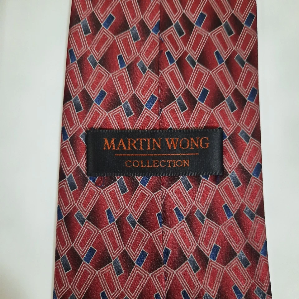 Mens 100% Silk Tie Necktie 60x4 Wide Red Check Diamond Hand Made Martin Wong - Image 4 of 4