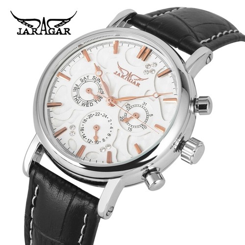 JARAGAR Men's Sport Automatic Watches Leather Strap Day Date Display Wristwatch - Picture 9 of 14