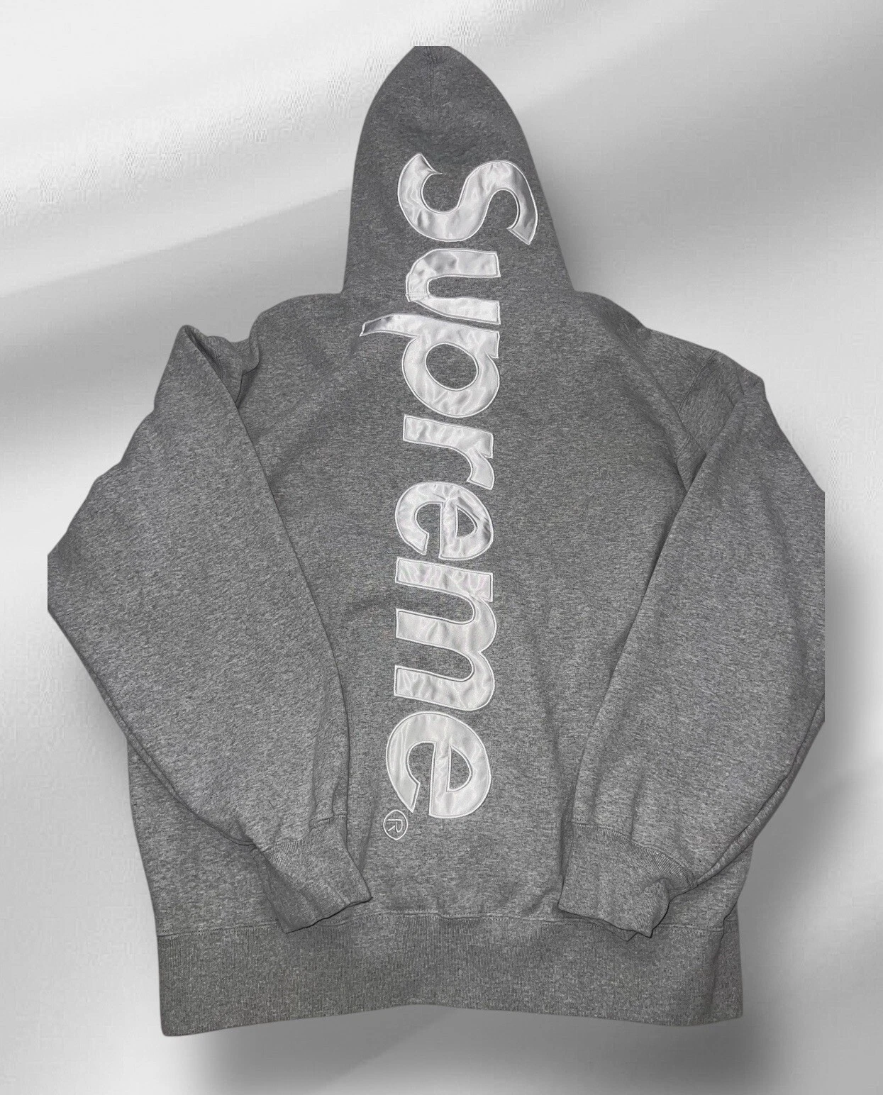 Authentique sweat à capuche manches suprêmes logo haut X Large gris blanc
