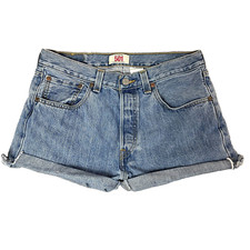 VTG Levis 501 Cut Off Shorts Womens Size 32 Blue Cuffed Button Fly XX Y2K Denim