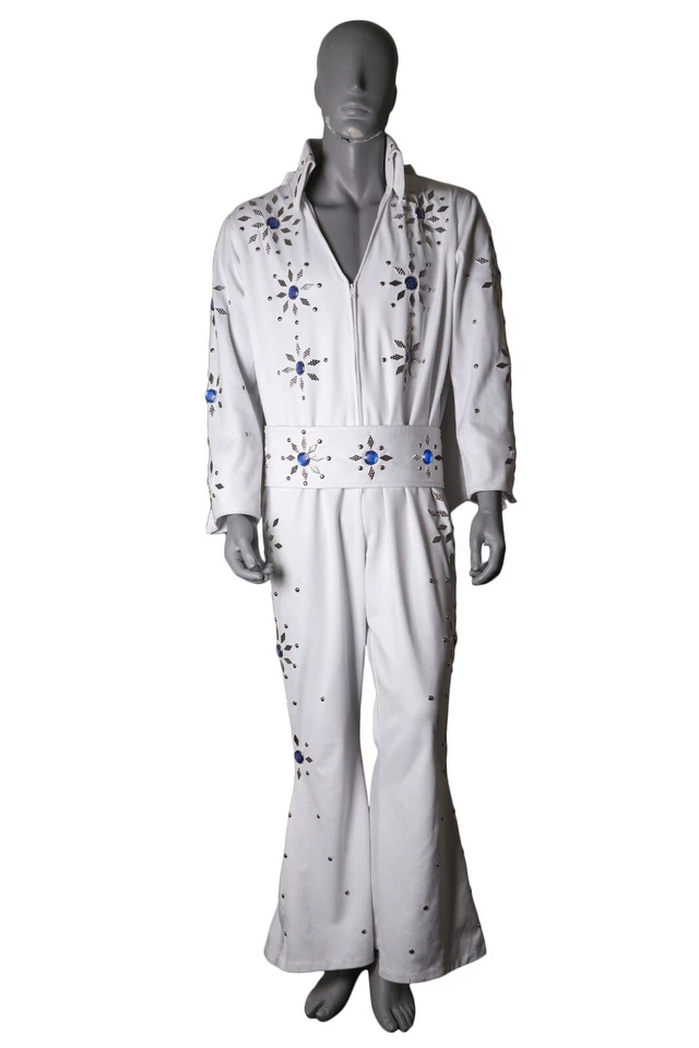 Men's Professional Rock N' Roll King Elvis Jeweled Jumpsuit Cape Costume White - Image 3 of 4